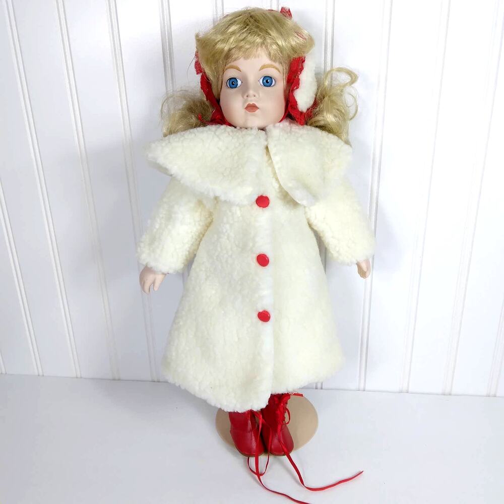 Moments Treasured Porcelain Christmas Doll Beige Outfit Red Boots